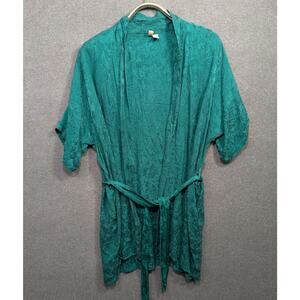 Vtg Hidden Fantasies Robe Womens One Size 100% Silk Kimono Emerald Green Belted